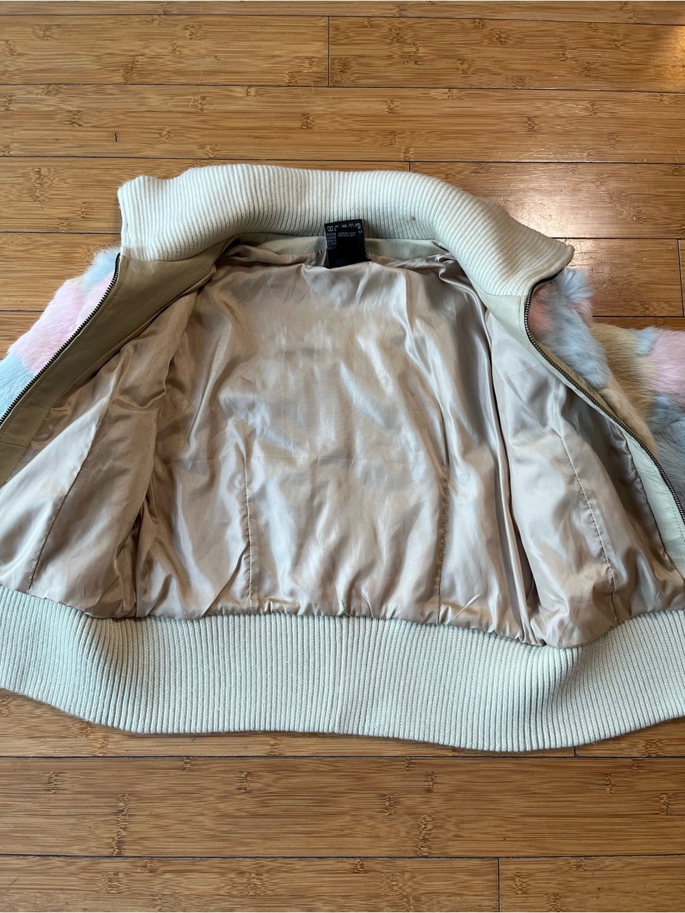 Y2K Vintage bebe Pastel Rabbit Fur Bomber Jacket - Cotton Candy Cream - Picture 10 of 12